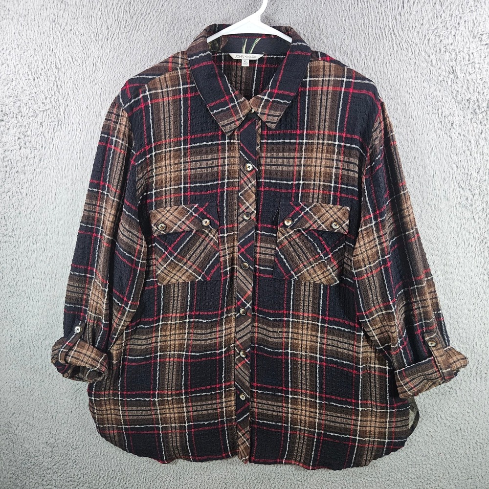 John Mark Womens XL Plaid Floral Mixed Media Button Down Shirt Textured Top Brwn - Picture 2 of 11